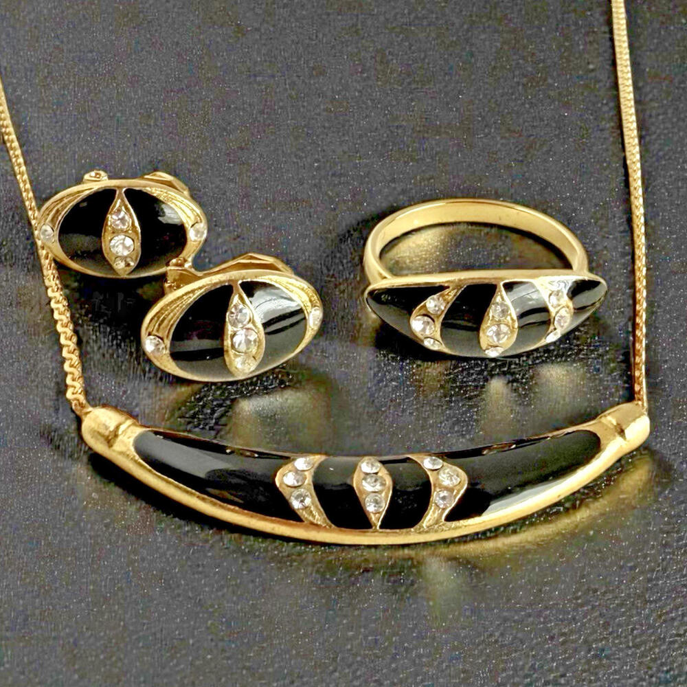 Art Deco Revival Rhinestone Black Enamel Matching Set Necklace Earrings Ring